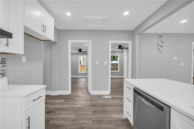 85 Ollie St, Atlanta, GA 30314 - kitchen featuring dishwasher, ceiling fan, light countertops, white cabinets, and wood finished floors