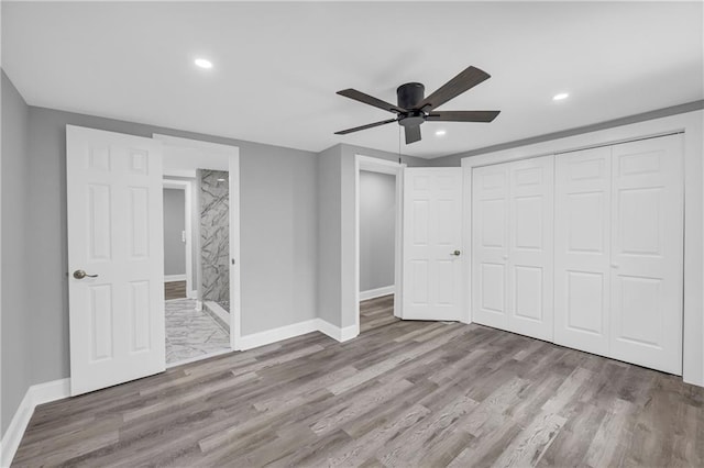 85 Ollie St, Atlanta, GA 30314 - unfurnished bedroom with recessed lighting, wood finished floors, a closet, and a ceiling fan