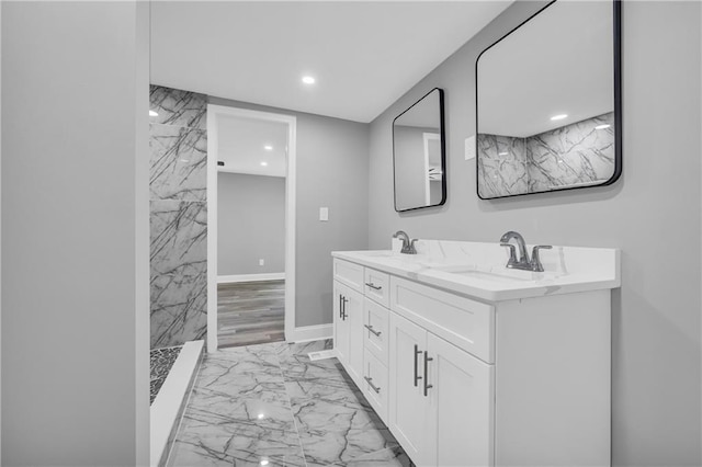 85 Ollie St, Atlanta, GA 30314 - full bath featuring marble finish flooring, double vanity, a marble finish shower, and recessed lighting