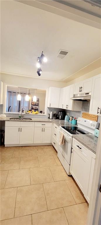 kitchen featuring white cabinetry, sink, white electric range, and light tile floors