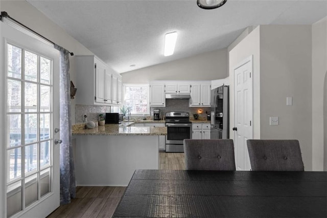 kitchen featuring light wood finished floors, lofted ceiling, stainless steel electric range, black refrigerator with ice dispenser, and under cabinet range hood