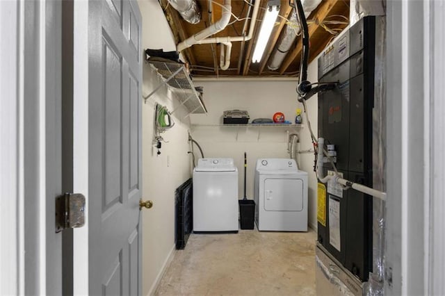 laundry area featuring heating unit, laundry area, and washing machine and dryer