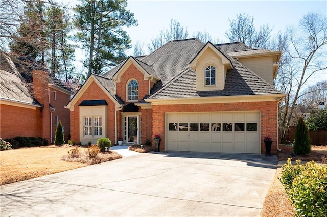 traditional home with a garage, concrete driveway, brick siding, and a shingled roof