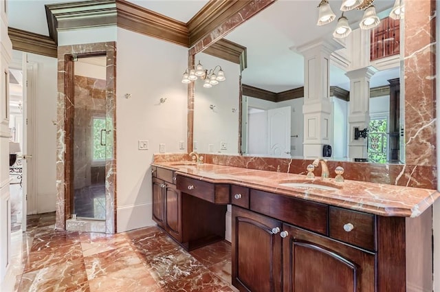 9620 Cedar Grove Rd, Chattahoochee Hills, GA 30213 - bathroom with marble tiled floors, ornamental molding, double vanity, a shower stall, and decorative columns