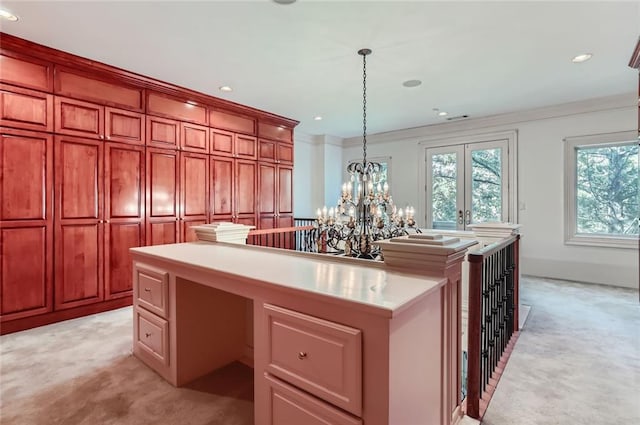 9620 Cedar Grove Rd, Chattahoochee Hills, GA 30213 - kitchen with a center island, light colored carpet, healthy amount of natural light, recessed lighting, and crown molding
