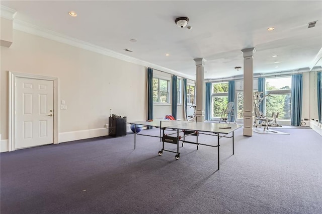 9620 Cedar Grove Rd, Chattahoochee Hills, GA 30213 - recreation room with ornate columns, crown molding, carpet floors, healthy amount of natural light, and recessed lighting