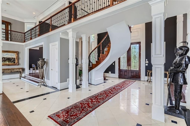 9620 Cedar Grove Rd, Chattahoochee Hills, GA 30213 - tiled foyer with a towering ceiling, decorative columns, baseboards, stairs, and recessed lighting