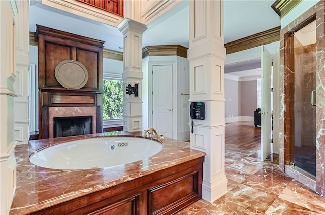 9620 Cedar Grove Rd, Chattahoochee Hills, GA 30213 - bathroom featuring ornamental molding, a premium fireplace, marble tiled flooring, a shower stall, and a bath