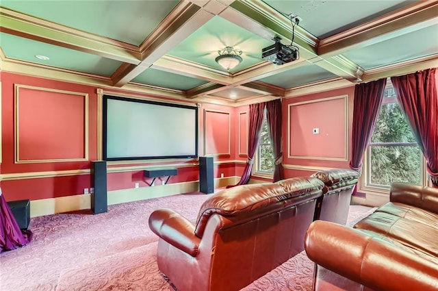 9620 Cedar Grove Rd, Chattahoochee Hills, GA 30213 - carpeted home theater room featuring beam ceiling, coffered ceiling, and crown molding