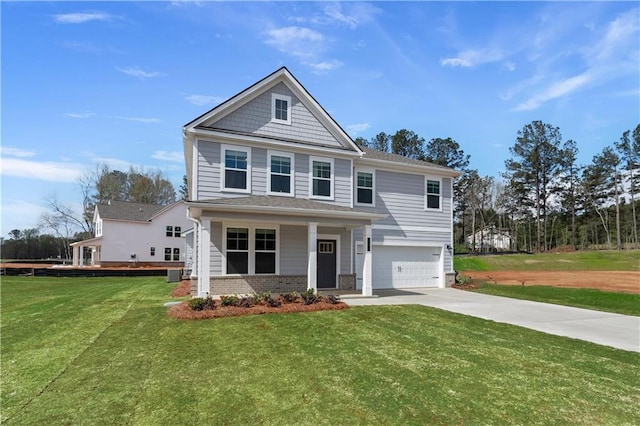 view of front of property featuring a front yard, a porch, cooling unit, and a garage