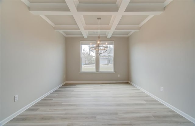 unfurnished dining area featuring light hardwood / wood-style floors, an inviting chandelier, beam ceiling, and coffered ceiling