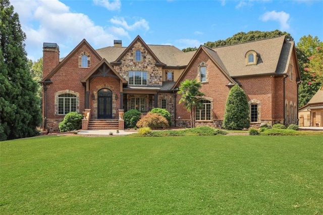 view of front of home with stone siding, a chimney, a front lawn, and brick siding