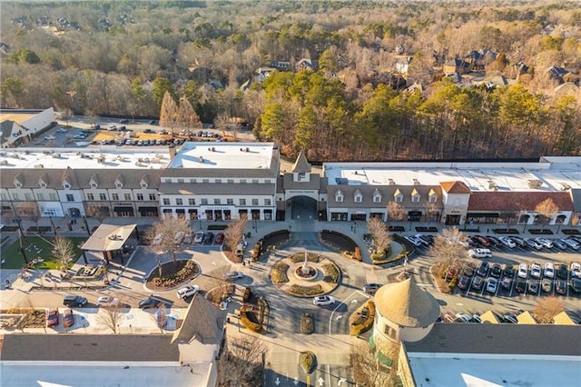 aerial view featuring a wooded view