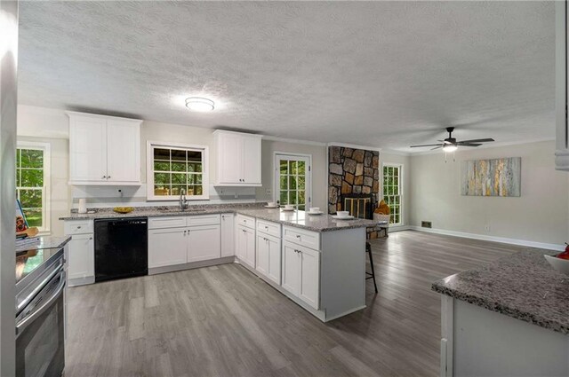 2694 Hickory Valley Dr, Snellville, GA 30078 - kitchen featuring black dishwasher, wall oven, a peninsula, light wood finished floors, and white cabinets