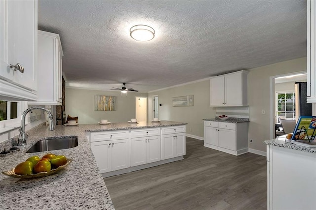 2694 Hickory Valley Dr, Snellville, GA 30078 - kitchen with ceiling fan, white cabinets, wood finished floors, a textured ceiling, and a peninsula