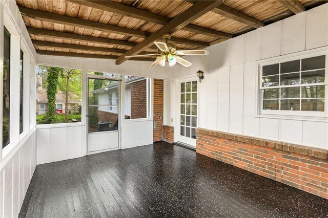 2694 Hickory Valley Dr, Snellville, GA 30078 - unfurnished sunroom featuring ceiling fan, beamed ceiling, and healthy amount of natural light