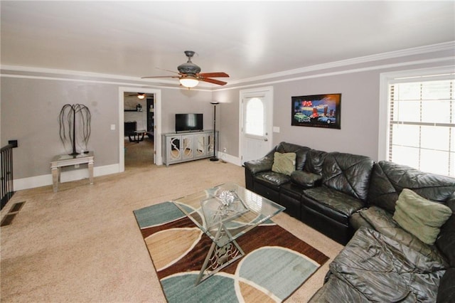 1120 Carl Bethlehem Rd, Winder, GA 30680 - living room featuring ceiling fan, carpet floors, and crown molding