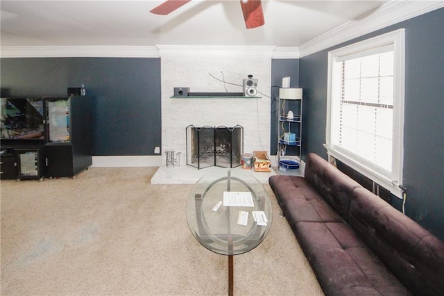 1120 Carl Bethlehem Rd, Winder, GA 30680 - living room with a ceiling fan, carpet flooring, crown molding, and a fireplace