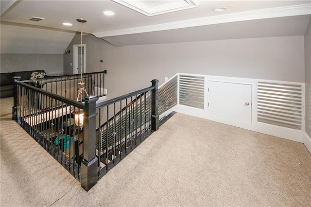 1120 Carl Bethlehem Rd, Winder, GA 30680 - staircase featuring carpet, lofted ceiling, crown molding, and recessed lighting