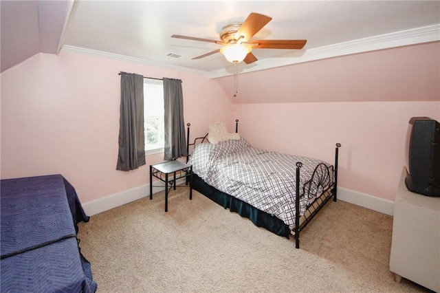 1120 Carl Bethlehem Rd, Winder, GA 30680 - carpeted bedroom featuring vaulted ceiling, crown molding, and a ceiling fan