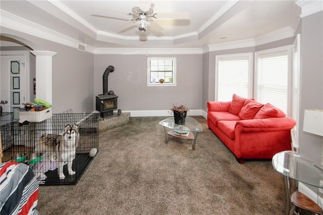 1120 Carl Bethlehem Rd, Winder, GA 30680 - living area featuring carpet, a raised ceiling, a wood stove, a ceiling fan, and arched walkways