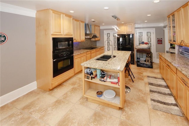 1120 Carl Bethlehem Rd, Winder, GA 30680 - kitchen featuring black appliances, wall chimney exhaust hood, light brown cabinets, crown molding, and backsplash