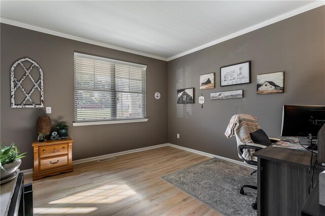 office area featuring crown molding and light hardwood / wood-style floors