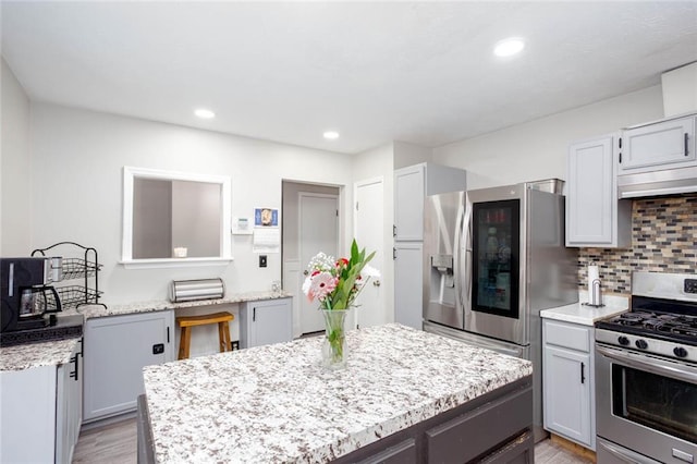 kitchen with appliances with stainless steel finishes, light wood finished floors, a center island, tasteful backsplash, and recessed lighting
