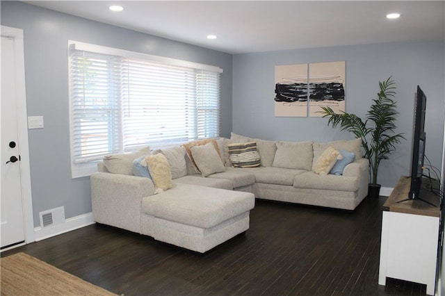 living room with dark hardwood / wood-style flooring and plenty of natural light