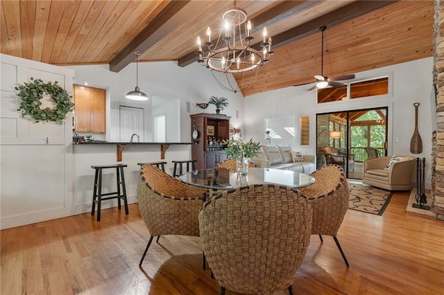7875 Robin Rd, Cumming, GA 30041 - dining space featuring a ceiling fan, a chandelier, light wood finished floors, wood ceiling with exposed beams, and high vaulted ceiling