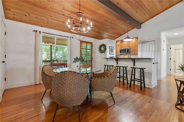 7875 Robin Rd, Cumming, GA 30041 - dining space with a chandelier, baseboards, light wood-style floors, and wood ceiling