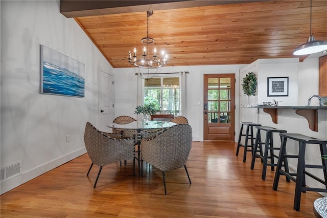 7875 Robin Rd, Cumming, GA 30041 - dining room with wood ceiling, vaulted ceiling, wood finished floors, a chandelier, and baseboards