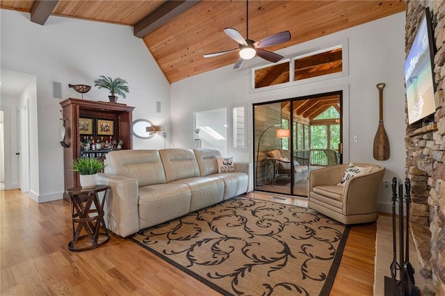 7875 Robin Rd, Cumming, GA 30041 - living room with wood finished floors, a ceiling fan, high vaulted ceiling, wood ceiling with exposed beams, and baseboards
