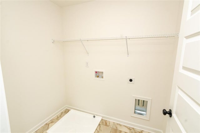 296 River Run Dr, Dallas, GA 30132 - laundry room with electric dryer hookup, hookup for a washing machine, baseboards, and light marble finish flooring