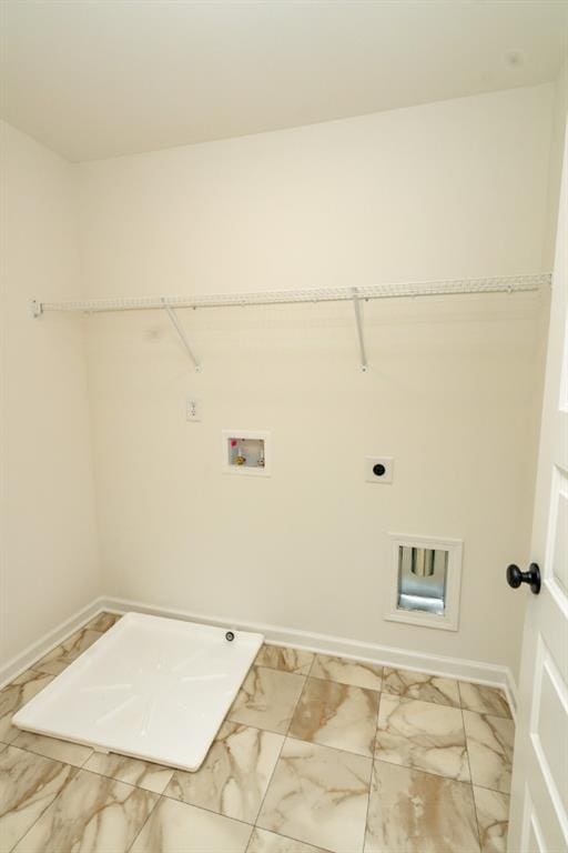 296 River Run Dr, Dallas, GA 30132 - washroom with hookup for an electric dryer, light marble finish flooring, washer hookup, and baseboards