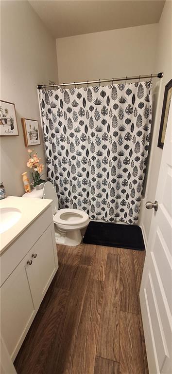 bathroom with hardwood / wood-style flooring, vanity, and toilet