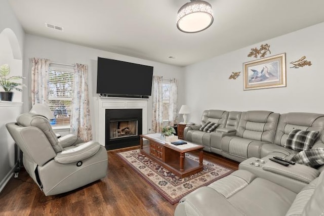 living room featuring dark wood-type flooring