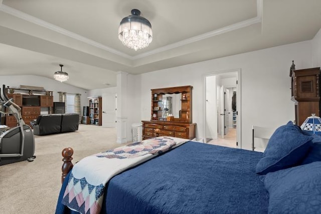 bedroom featuring a raised ceiling, ornamental molding, and carpet floors