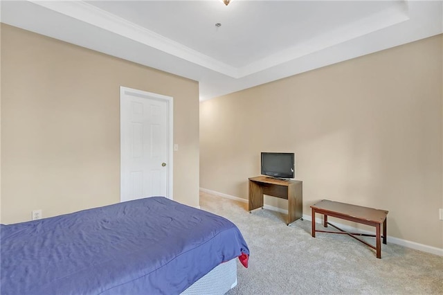 bedroom featuring light colored carpet and a raised ceiling