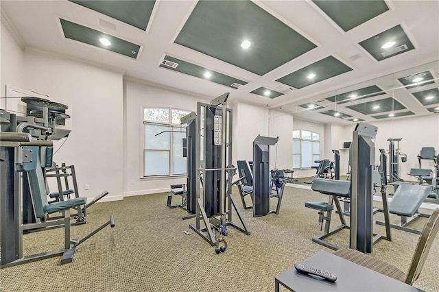 gym with a wealth of natural light, carpet, and coffered ceiling