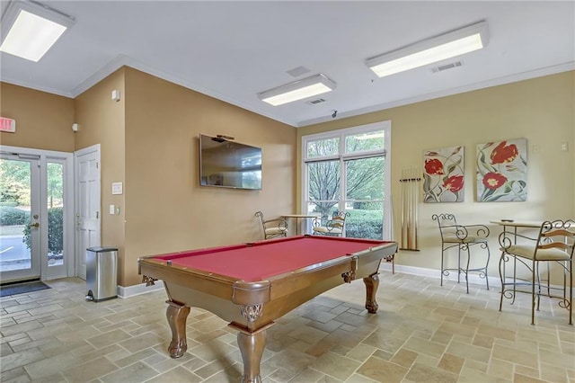 rec room featuring pool table, crown molding, and plenty of natural light