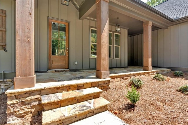 33 Cedar Gate Ln, Kingston, GA 30145 - entrance to property with board and batten siding, a shingled roof, and a porch