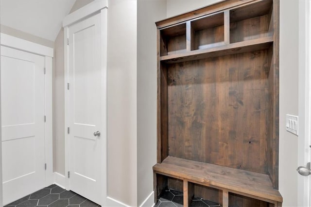 33 Cedar Gate Ln, Kingston, GA 30145 - mudroom with dark tile patterned flooring, baseboards, and lofted ceiling