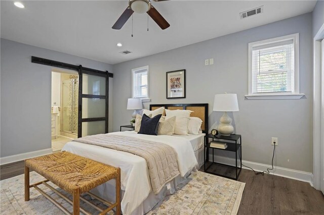 bedroom featuring light wood finished floors, recessed lighting, stainless steel fridge with ice dispenser, visible vents, and baseboards