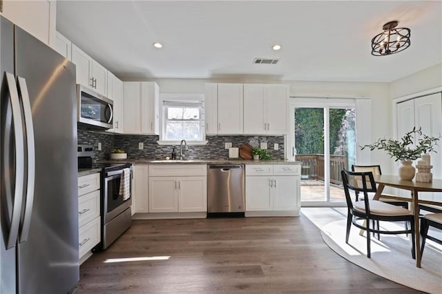 kitchen featuring tasteful backsplash, visible vents, stainless steel appliances, white cabinetry, and a sink