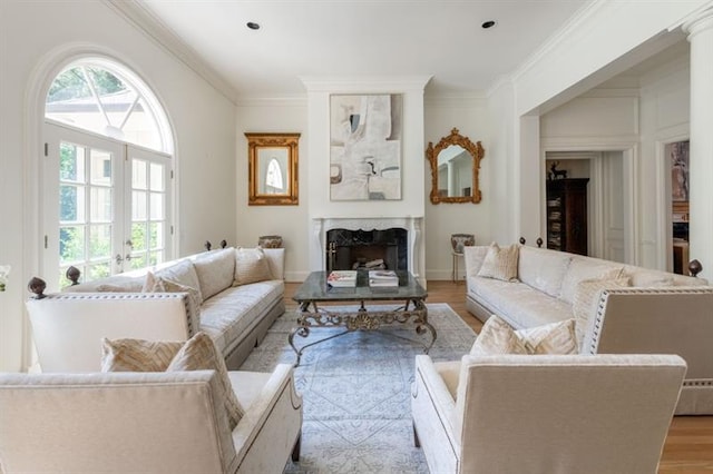 living room featuring a fireplace, a healthy amount of sunlight, and light hardwood / wood-style flooring