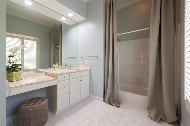 bathroom featuring vanity, shower / bathtub combination with curtain, and tile patterned flooring