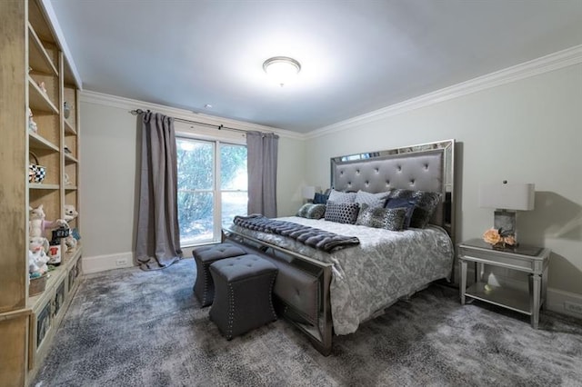 carpeted bedroom featuring crown molding