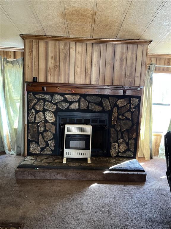 details with a stone fireplace, carpet flooring, heating unit, and wooden walls