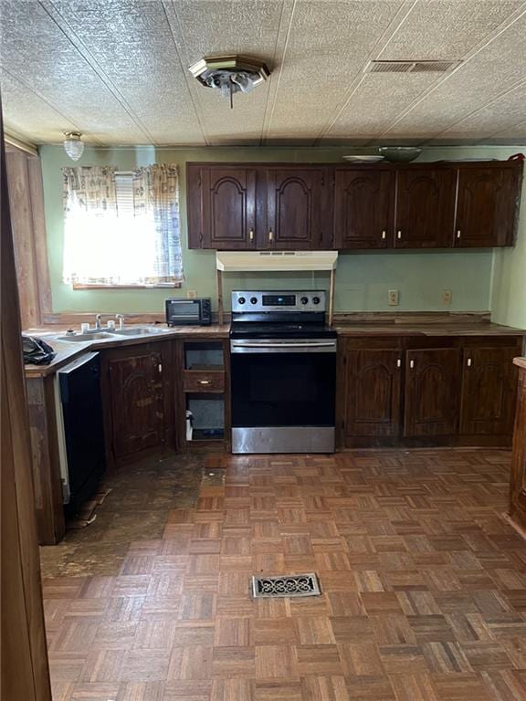 kitchen featuring sink, black dishwasher, dark brown cabinetry, dark parquet floors, and stainless steel range with electric cooktop